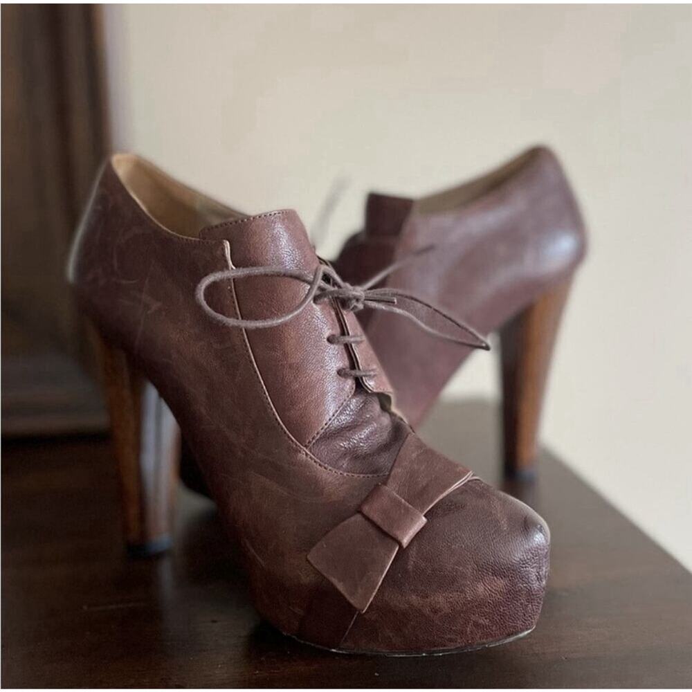 TIBI Brown Leather Platform Ankle Booties Bow Lace Up Punk Women's Size 38 US 8